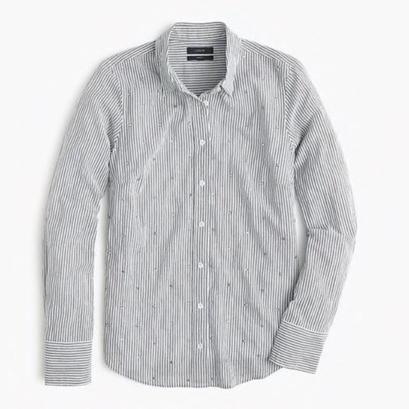 J. CREW Embellished Jeweled Button Down Striped Shirt Holiday Top Blue Gray 0 - Picture 2 of 7